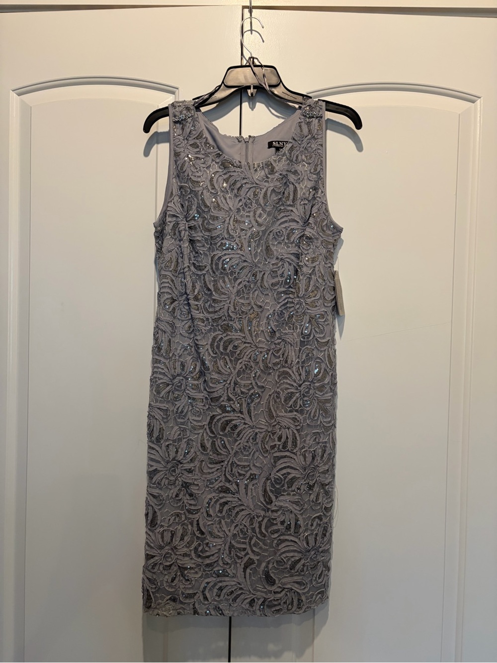 NWT SLNY Sleeveless Embellished Lace Sheath Dress in Light Gray